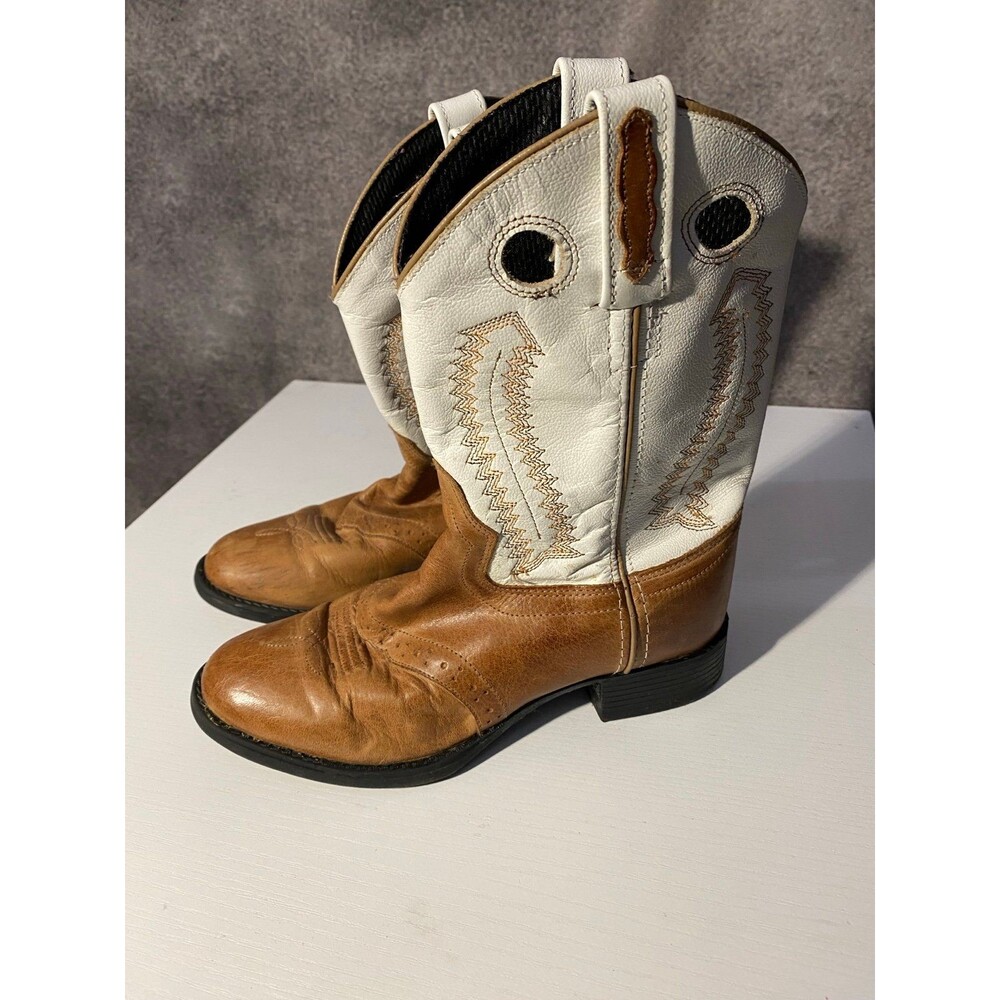 Old West Little Kid Cowboy Boots Size 2 Tan White Leather Western Boots 1903